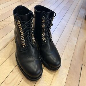 Italian Black Leather Ankle Boots with Gold Chain Detail